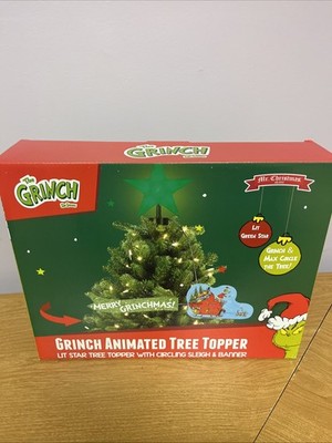Mr. Christmas Animated Grinch Sleigh Tree Topper with LED Star and Merry