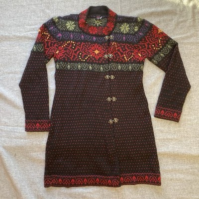 Tabask Alpaca Wool Blend Long Cardigan Handmade Peru Women's Medium Black red