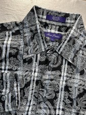 Alan Flusser Men Large Cotton Paisley Printed Black Button Up Long Sleeve Shirt