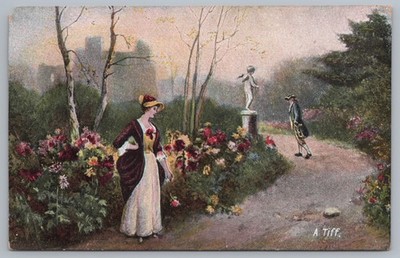 Antike Postkarte Ein Liebhaber Tiff in einem öffentlichen Gartenpark unbesendet
