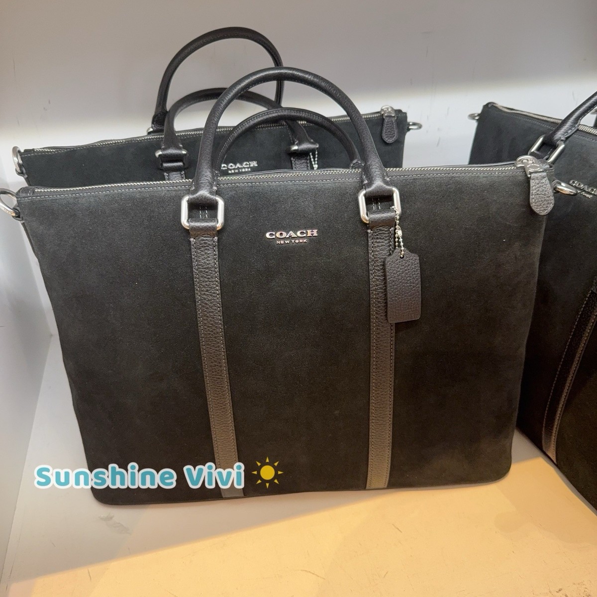 NWT COACH Caleb Work Bag Silver/Black Suede and refined pebble