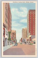 Vintage Linen Postcard Broadway Looking North Wichita Kansas 1930s