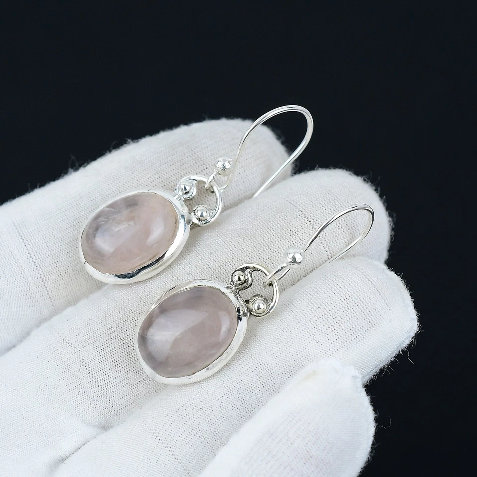Orecchini In Argento Sterling 925 Fatti A Mano In Quarzo Rosa Per Donne - Immagine 3 di 4