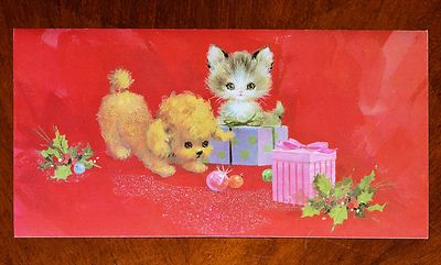 Vintage UNUSED Christmas Card GLITTER CAT KITTEN DOG PUPPY w/ PINK PURPLE GIFTS 