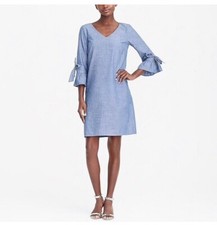 J.Crew Blue Chambray V-neck Tie Sleeve Shift Shirt Dress Ruffle Bow Denim sz 4