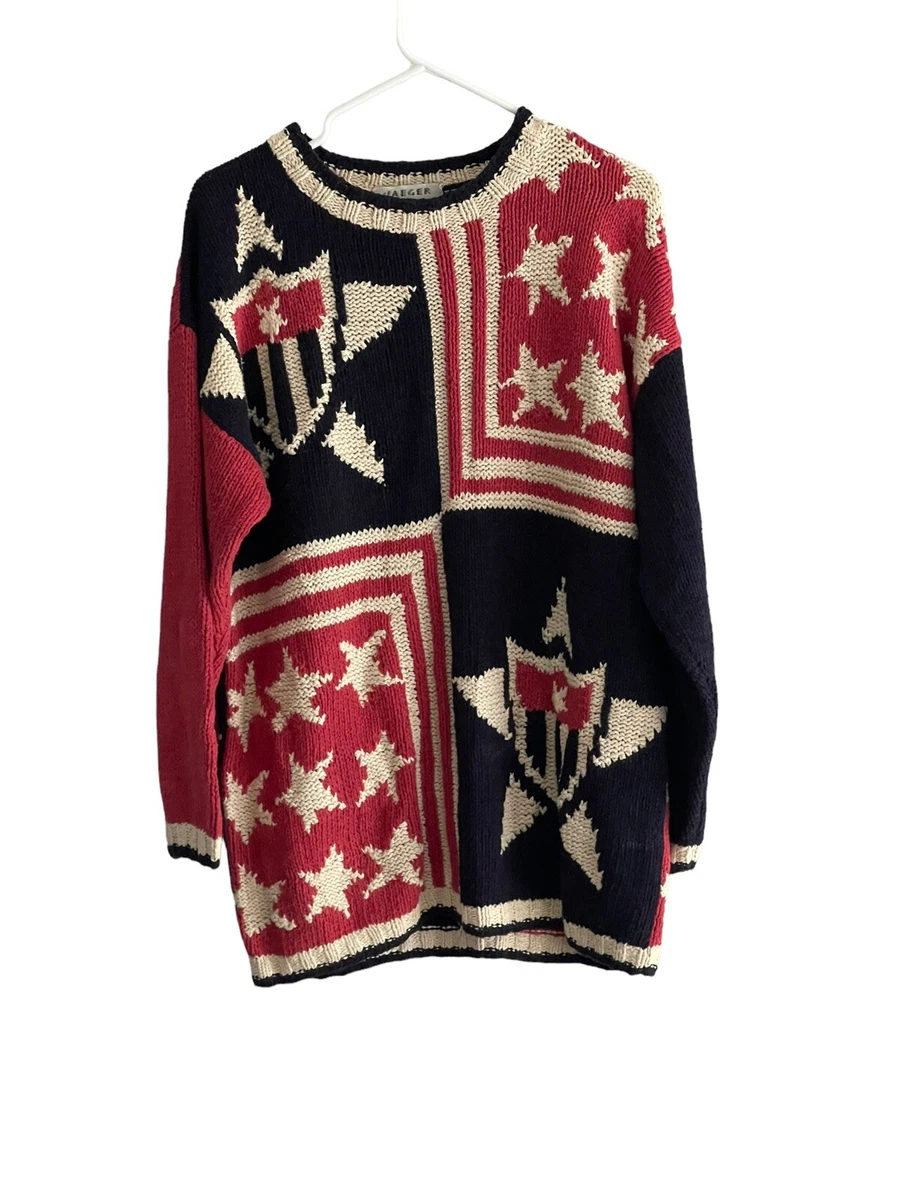 Vintage Sweater Silk Blend Hand Knitted Large Patriotic American  Red/white/blue