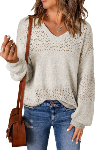 Womens Sweaters Casual Long Sleeve V Neck Lightweight Crochet Pullover Sweater T