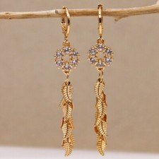 New 18K Yellow Gold Filled Clear CZ Flower Mini Hoop Leaf Tassel Dangle Earrings