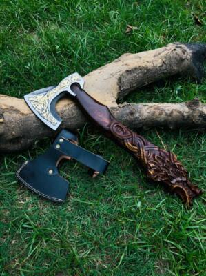 HANDEMADE CUSTOM AXE WOLF FENRIR NORSE MYTHOLOGY, THE GREAT WOLF WITH SHEATH