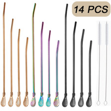 Reusable Stainless Steel Straw Spoon 7.28-11.81 inches with 2 Cleaning Brushes