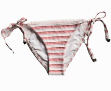 Wildfox Swim Medium Side Tie Bikini Bottom White Pink Woven Stripe Lace Trim