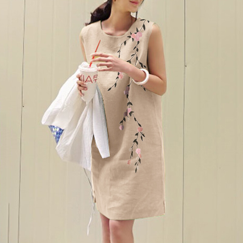 100%Cotton Women Sleeveless Floral Print Shift Dress Casual