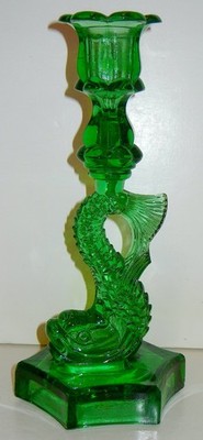 VINTAGE FIGURAL DOLPHIN GREEN GLASS CANDLESTICK 9 3/4''