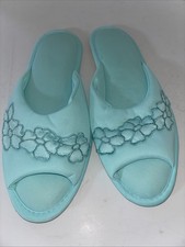 Vintage Vanity Fair Nylon Peep Toe Slippers Scuff Shoes Aqua Blue Size M 6.5-7.5
