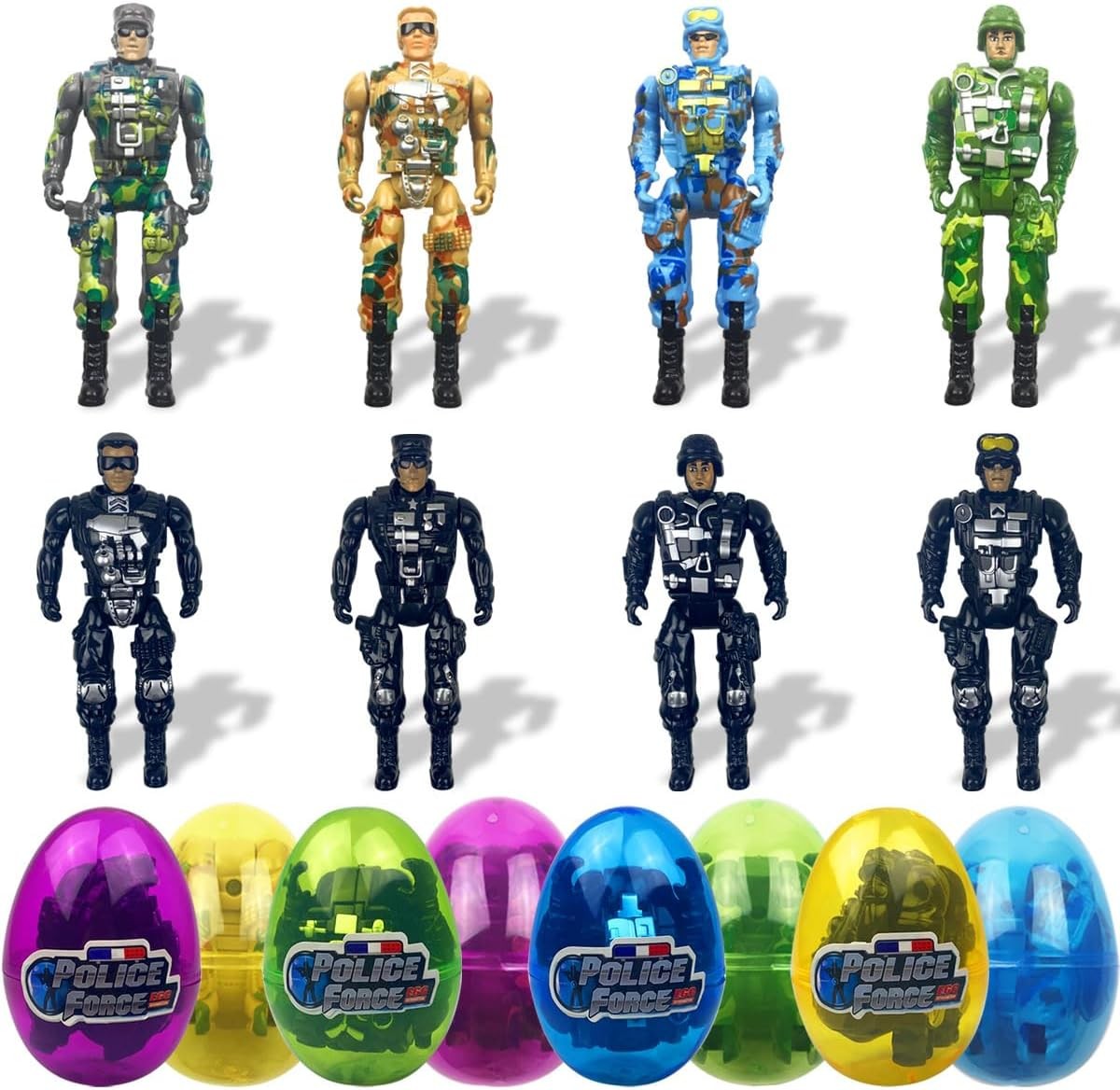 8 Pack Jumbo Police & Soldier Deformation Toys - Prefilled Easter Eggs Set