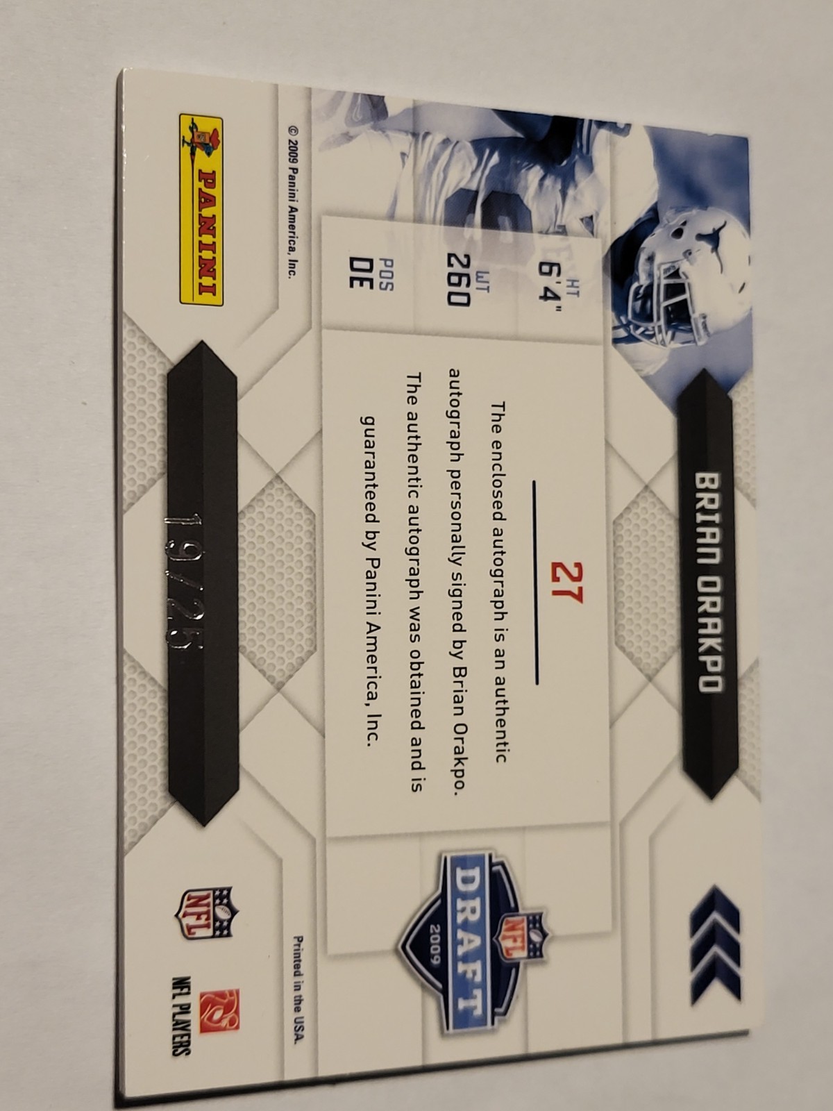 2009 Playoff Prestige Auto Patch NFL Draft Logo Brian Orakpo 19/25
