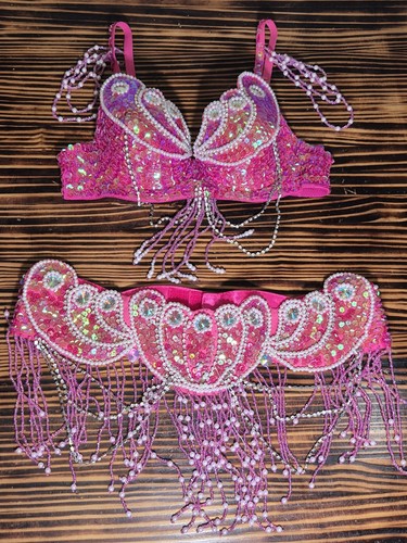 Sequins Beaded Embellished Pink Bra/Belt Sz 36 2pc Set Belly Dancing Mardi Gras 