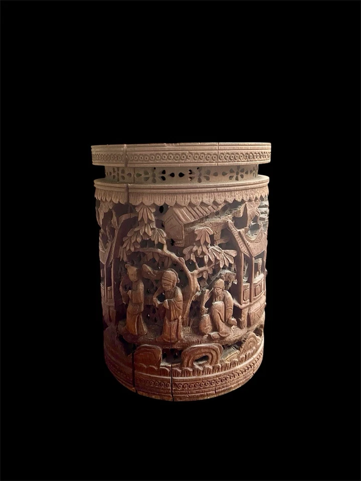 Antigua maceta china de bambú tallada, siglo XVIII, firmada Foto 4 de 4