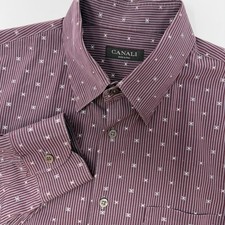 Canali Mens XL Dress Shirt Burgundy Grey Striped Geometric Cotton Made in Italy