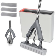Quality Upgraded Sponge Mop and Bucket, Lazy Squeeze Mops with Bucket Wringer, S