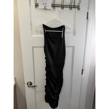 Black Ruched Bodycon Dress Sleeveless Scoop Neck Midi Cocktail Party Womens M