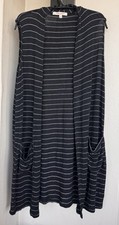 Casual Couture Sleeveless Cardigan Black With White Stripes Knit Pockets Large