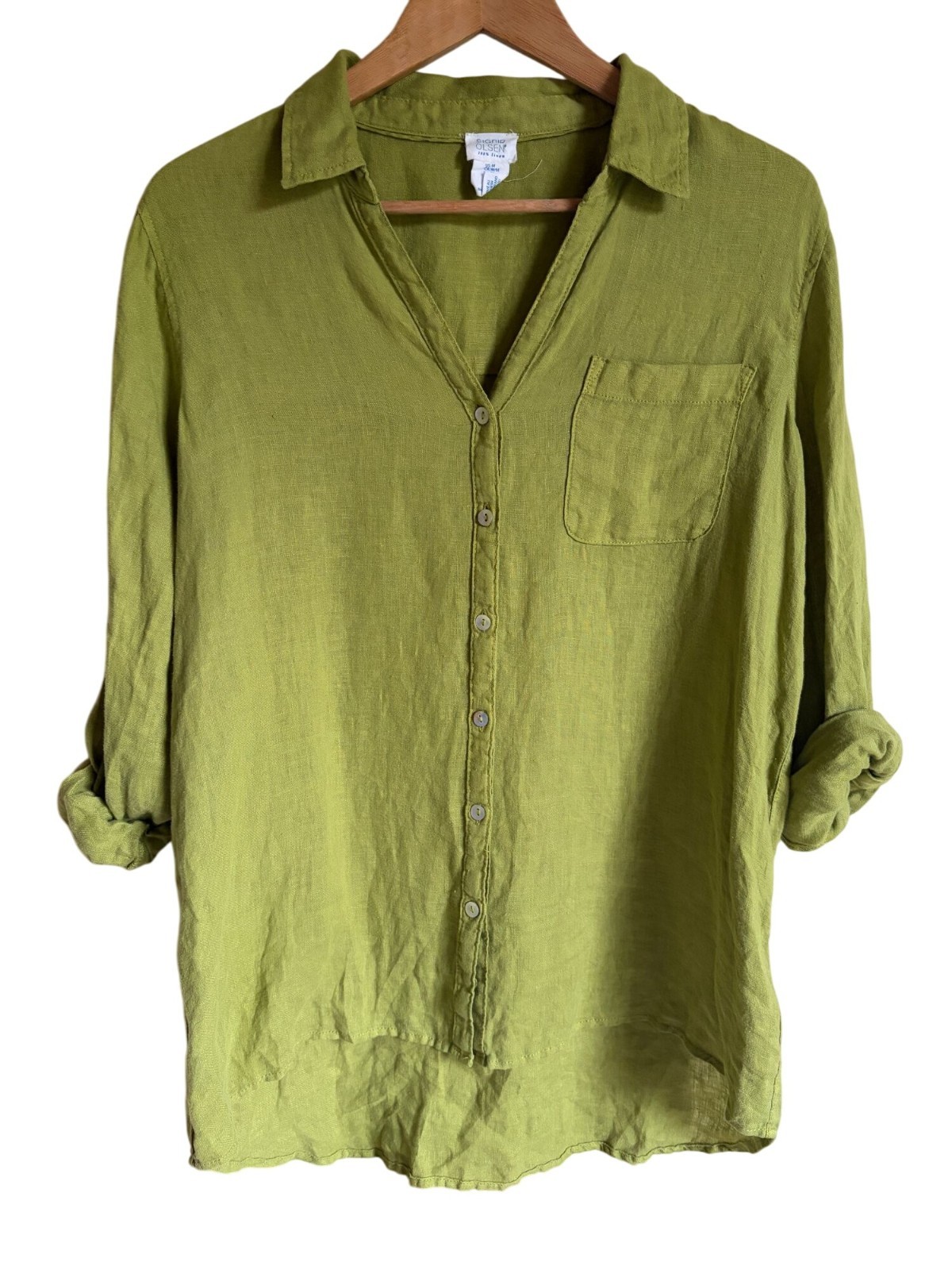 Sigrid Olsen 100% Linen Lime Green Button Front S… - image 1