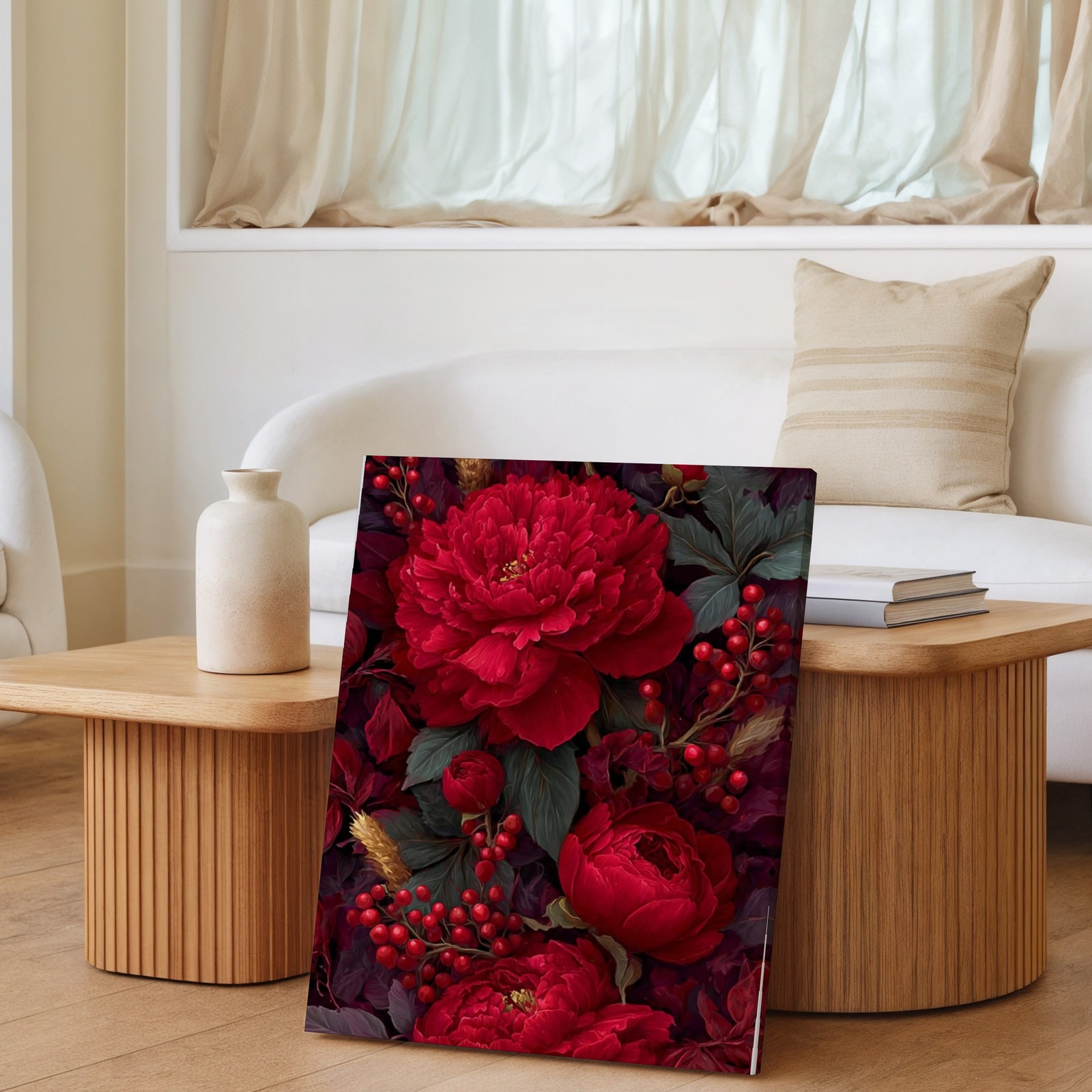 Stampa botanica decorativa arte da parete tela floreale peonia rossa e bacche design foto 3