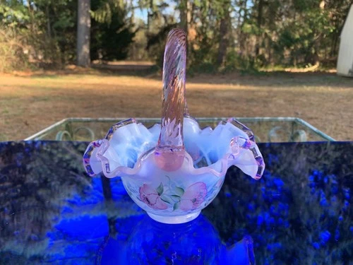 Fenton French Opalescent Diamond Trellis Rose Crest Hand-Painted 7" Basket MINT