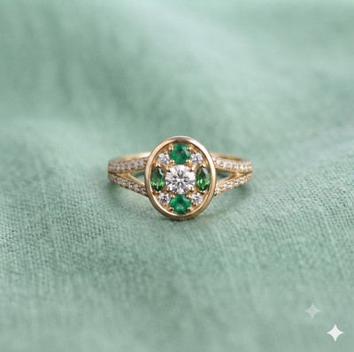 Gold Plated Oval Emerald and CZ Cluster Ring, Split Shank Statement Ring
