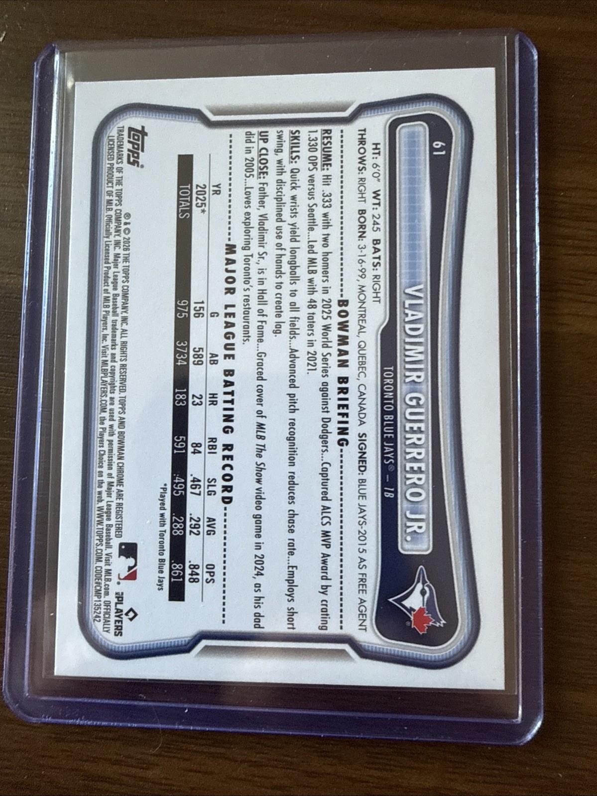 2026 Bowman Vladimir Guerrero Jr #61 Green Border Pattern /99 Blue Jays view 3