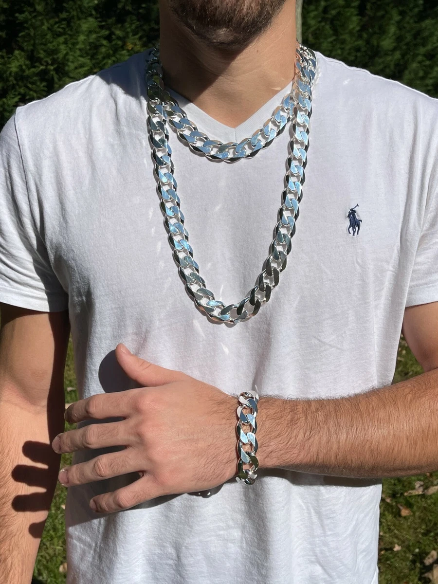 Real Solid 925 Silver 18mm Men s Hip Hop Miami Cuban Curb Link Chain Or Bracelet