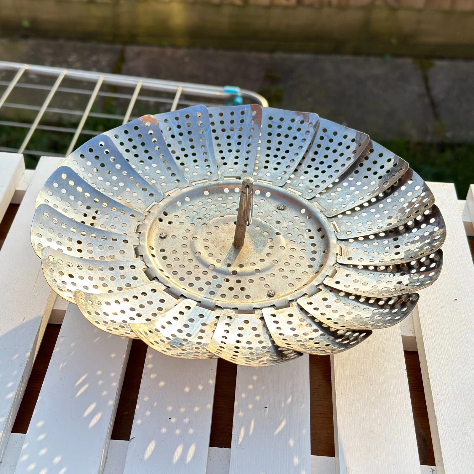 VINTAGE STAINLESS STEEL FOLDING STEAMER BOWL VEGETABLE BASKET STRAINER CAMPING