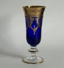 Interglass Italy Crystal Champagne Flute Cobalt & 24k Gold Hand Decorated