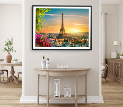 Eiffel Tower Print, Trees Wall Art, Cloudy Sky Framed Nature Wall Art, City