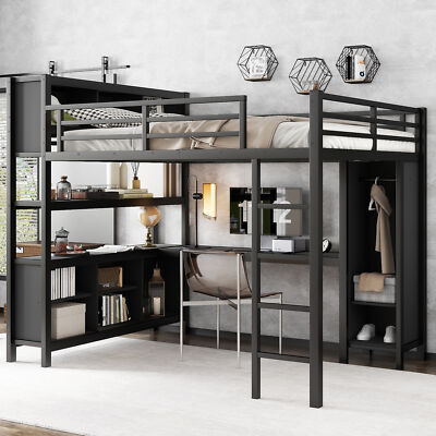 Metal Queen Size Loft Bed Frame W/ Wardrobe /L-shaped Desk/Storage Shelves Black
