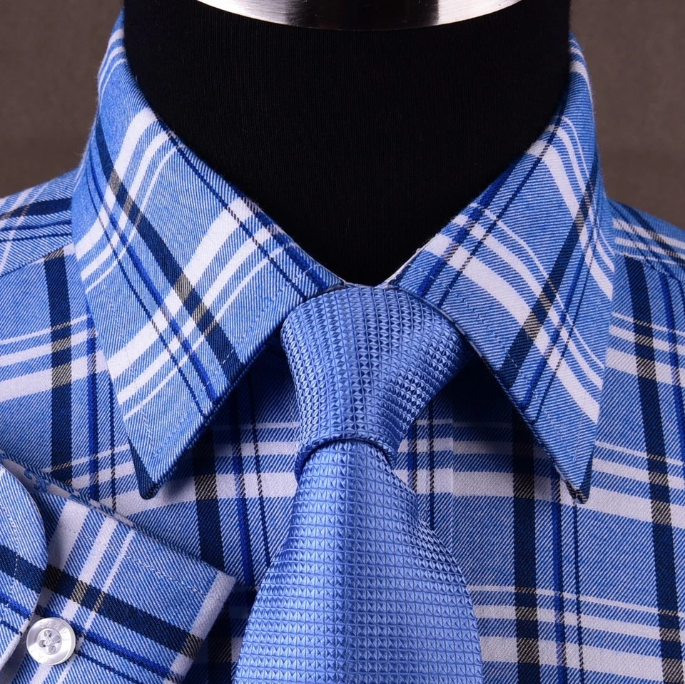 Sexy Camisa de Vestir Azul Para Hombre Formal y de Negocios Franela a Cuadros y Cuadros Foto 4 de 4