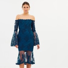 Nicholas Octavia Lace Corset Midi Dress Blue US Size 0 Long Sleeve