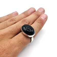 Antique Silver Berber Ring and Black Glass from Morocco, Size US 7