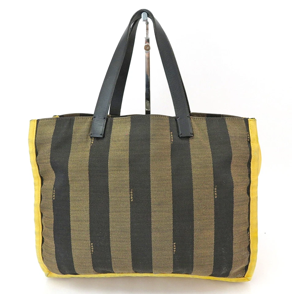 Auth FENDI Brown & Black Zucca Striped and Yellow Canvas Tote Bag Purse #60407 - Image 3 of 4