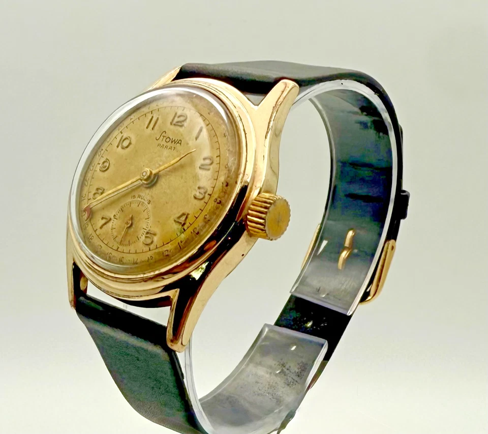 Rare Vintage 1949-1953 Stowa Parat Pointer Date 10 Micron Gold Plate Cal.Osco 42 - Image 3 of 4