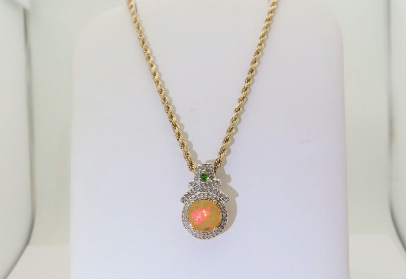 Opal Diamond Necklace Solid Gold Emerald Orange L… - image 1
