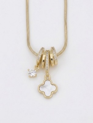 14K Gold Plated MoP Clover Necklace | CZ Pavé Rings & Crystal Charm