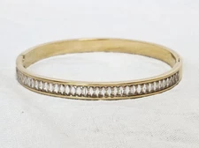 Gold Tone Hinged Bangle Bracelet With Rectangle Shaped Clear Crystals J15-3664