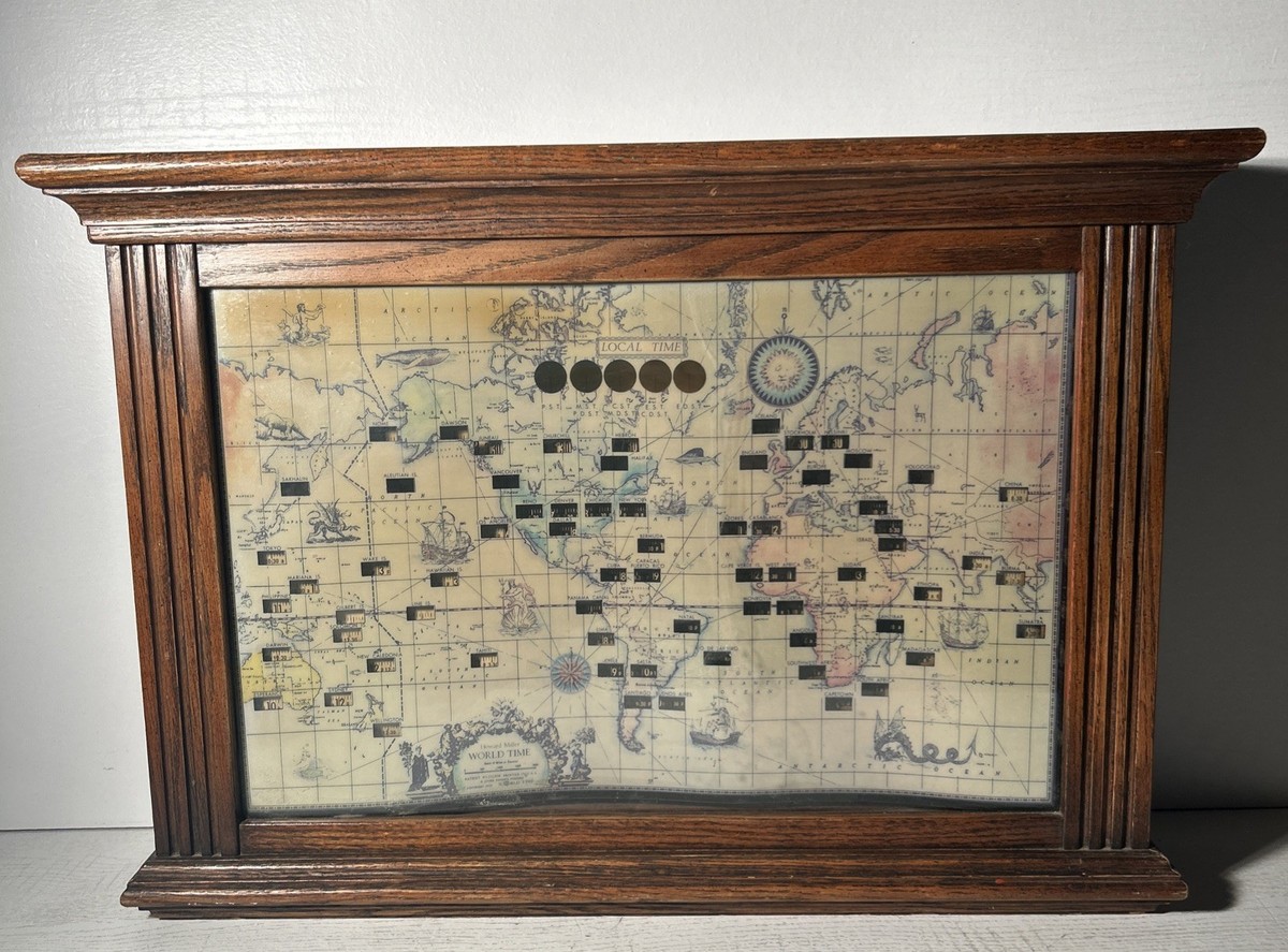 Vtg 1959 Howard Miller World Time Zone Lighted Oak Wall