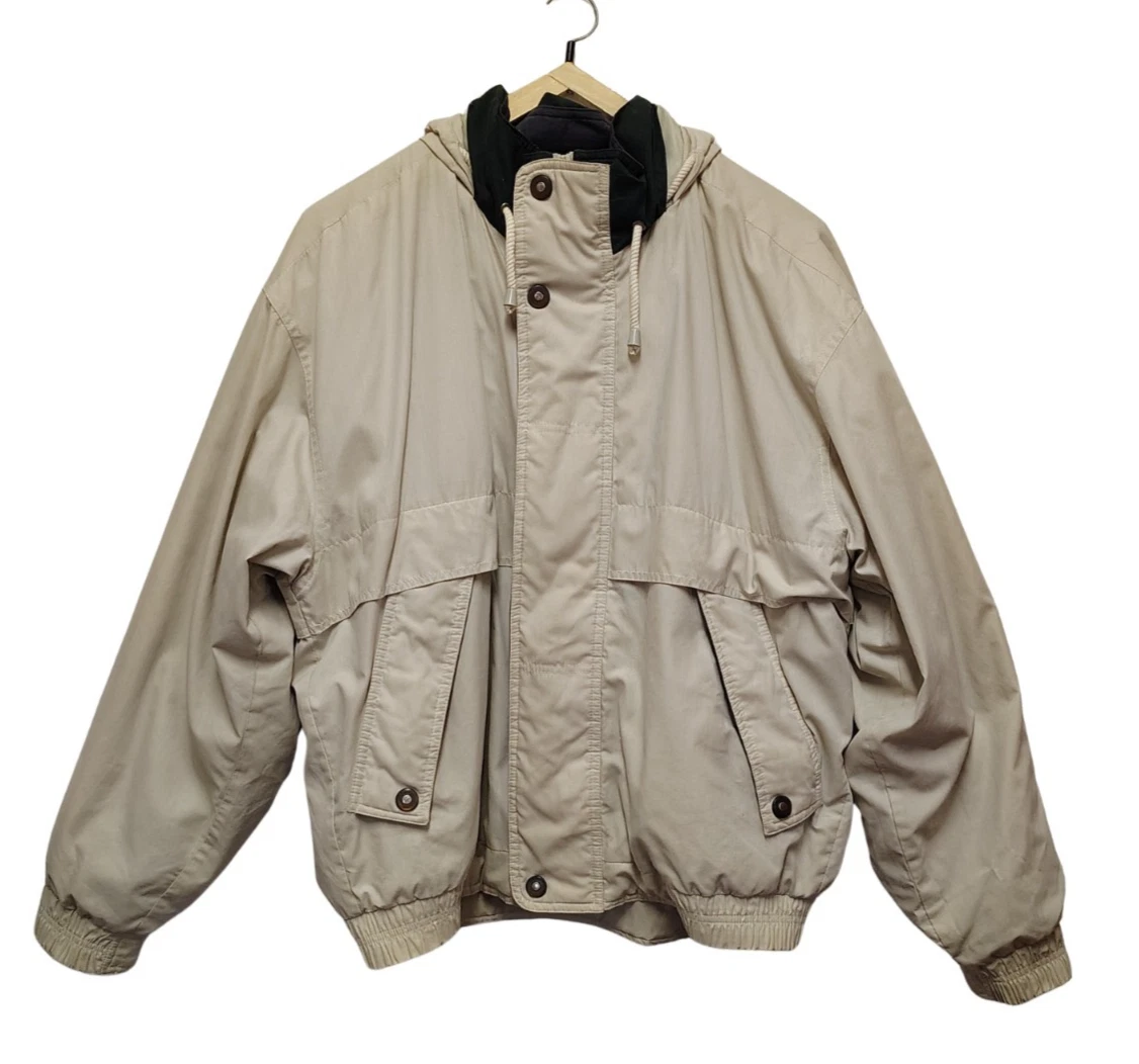 Vintage London Fog Mens Beige Bomber Jacket Large Removable Liner Concealed Hood