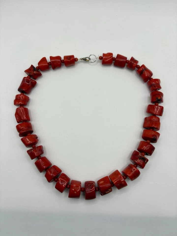 Vtg Authentic Raw Chunky Red Coral Beaded Statement Necklace Heavy - Image 2 of 4