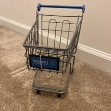 Walmart Toy Doll Size Mini Shopping Cart, Gray Metal / Blue Sign 10" H 