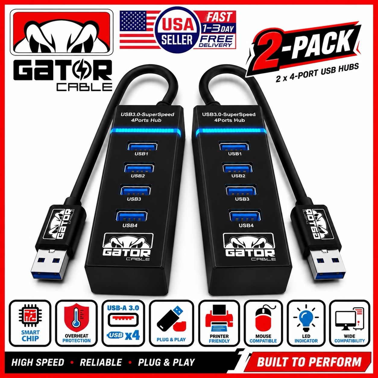 2-Pack USB 3.0 HUB 4 USB Multi Port Adapter Data For PC Mac Laptop Desktop LED