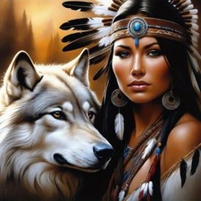 Wolf Diamond Art Kits for Adults, American Native Indian Woman Diamond Painting